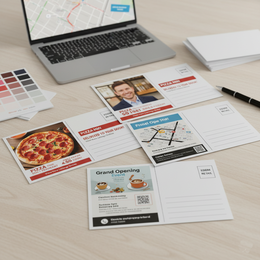 EDDM mailers printing services by Blue Trident Marketing, featuring custom postcards for restaurants, events, and local business direct mail campaigns.