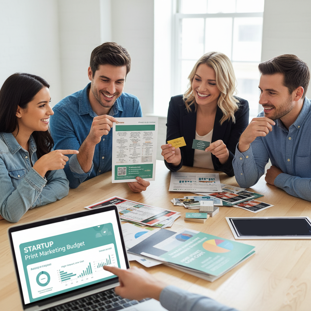 Four smiling business owners reviewing various print marketing materials and a laptop displaying a budget chart.
