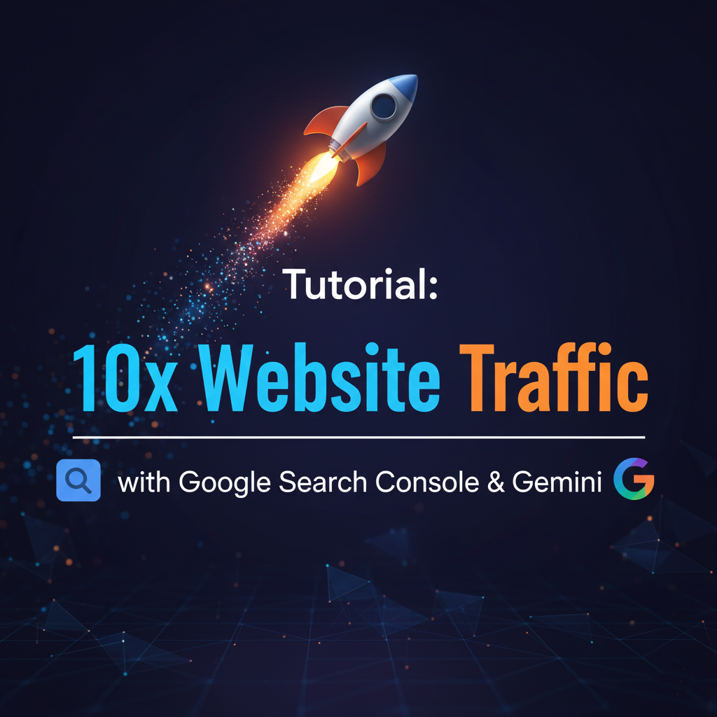A stylized image for a tutorial titled "🚀 Tutorial: 10x Website Traffic with Google Search Console & Gemini". It features a white and orange rocket launching upwards on a dark blue background with twinkling stars, symbolizing increased traffic. Below the rocket, the words "Tutorial: 10x Website Traffic" are prominently displayed in a modern font, with "10x Website Traffic" highlighted in blue and orange. Underneath, a search bar icon and a stylized "G" logo represent Google Search Console and Gemini, respectively.