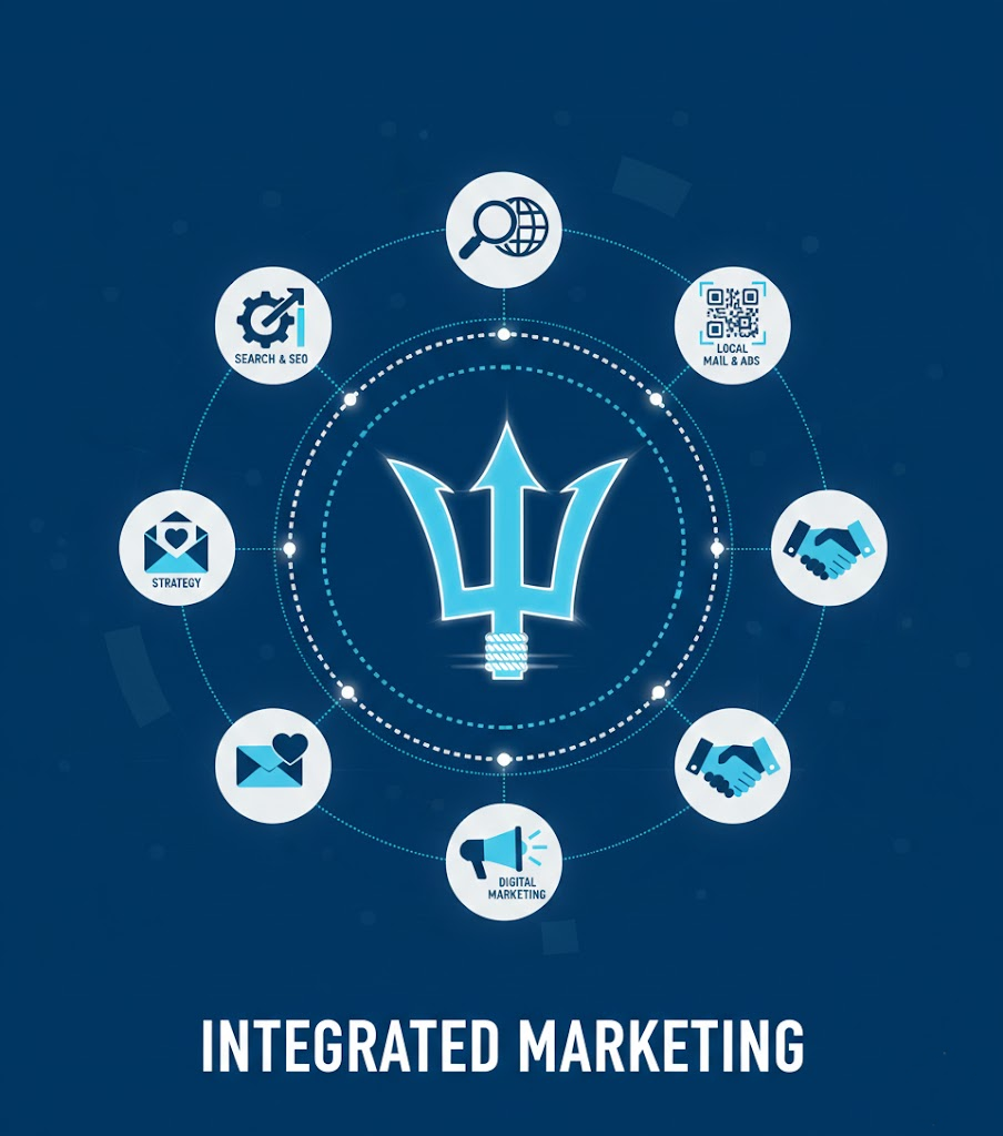 An integrated marketing infographic for Blue Trident Marketing featuring a central blue trident logo surrounded by a circular web of digital and print icons, including SEO, direct mail, social media, and strategy, on a professional navy blue background.