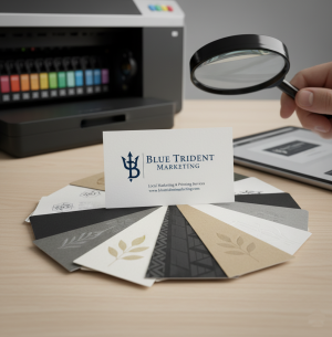 Business card printing services by Blue Trident Marketing, with custom designs and quality paper options for local businesses.