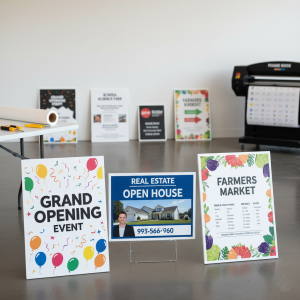 Foam core sign printing services by Blue Trident Marketing, showcasing custom event signs, real estate signage, and indoor display boards for businesses.