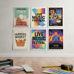 Poster printing services by Blue Trident Marketing, showcasing custom designs for marketing, events, and promotions on a gallery wall.