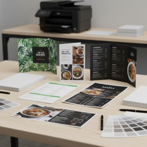 To-go menu and trifold brochure printing services by Blue Trident Marketing, showcasing custom designs for food service and business marketing.