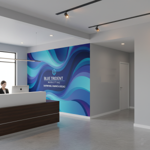 Wall graphics and decals printing services by Blue Trident Marketing, showcasing custom vinyl wall murals for office branding and interior design.