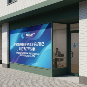 Window perforated graphics services by Blue Trident Marketing, displaying a business logo and advertising on a storefront for privacy and marketing.