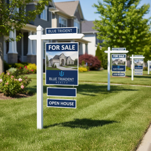 Wooden post real estate sign printing services by Blue Trident Marketing, featuring custom designs for 'For Sale' and 'Open House' listings
