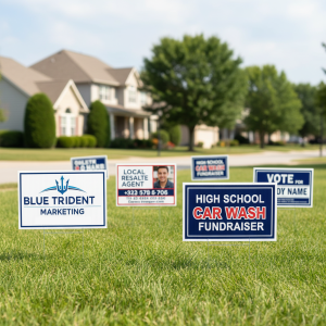 Yard sign printing services by Blue Trident Marketing, featuring custom designs for real estate, campaigns, and local business advertising.