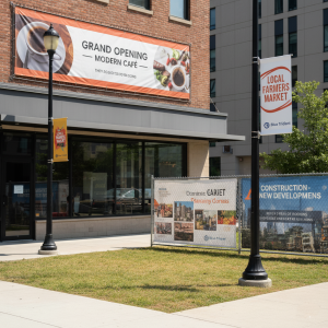 Various outdoor banners including a grand opening building banner and a vertical farmers market banner, representing effective printing services for outdoor advertising.