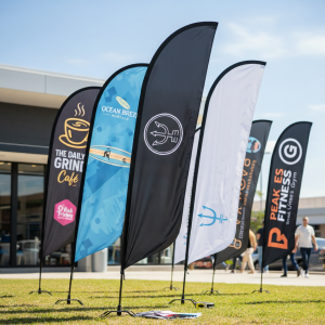 Outdoor advertising flags, including custom teardrop and feathered flags, printed by Blue Trident Marketing for business promotion.